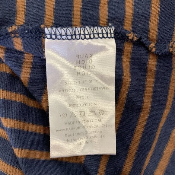 Kauf Dich Gluklich Tee Large Blue Brown Striped Short Sleeve Minimalist - Picture 5 of 5